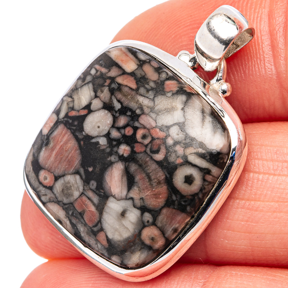Oval sterling silver crinoid fossil pendant, multicolor fossil pattern in bezel