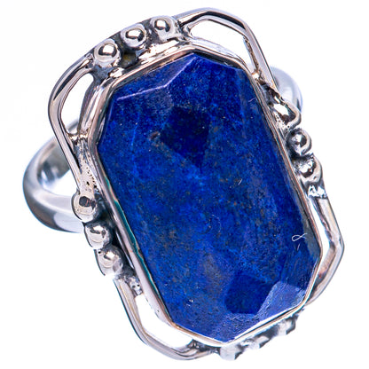 Sterling silver lapis lazuli ring, shield-cut faceted blue stone with bead border