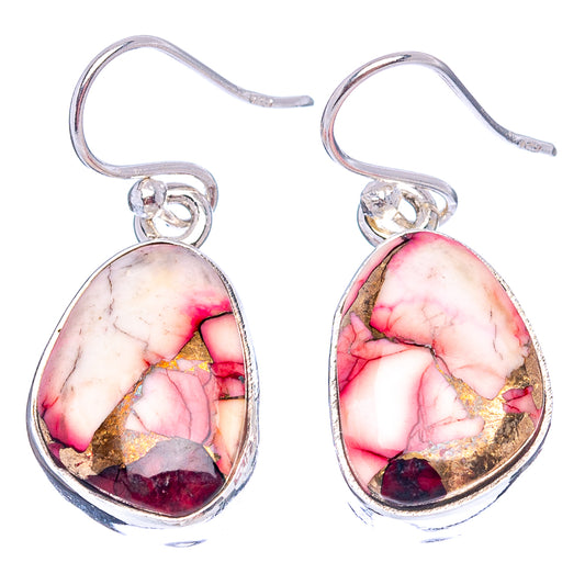 Pair of sterling silver teardrop earrings with pink-red marbled stone and gold flecks
