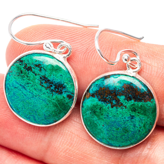 Chrysocolla round cabochon drop earrings in .925 sterling silver, green stone