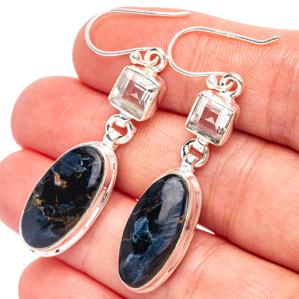 Pietersite, White Quartz 925 Sterling Silver Earrings 2" (925 Sterling Silver) E2183
