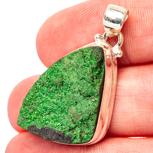 Uvarovite garnet pendant, green triangular stone in .925 sterling silver bezel
