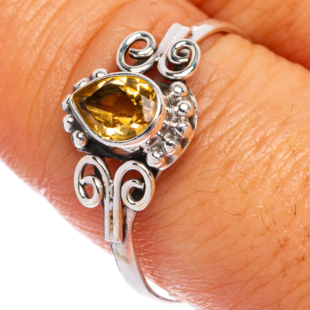 Sterling silver dainty ring with faceted yellow citrine gemstone, ornate openwork setting