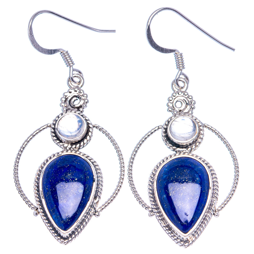 Lapis and moonstone teardrop earrings in .925 sterling silver, blue teardrops with hoops