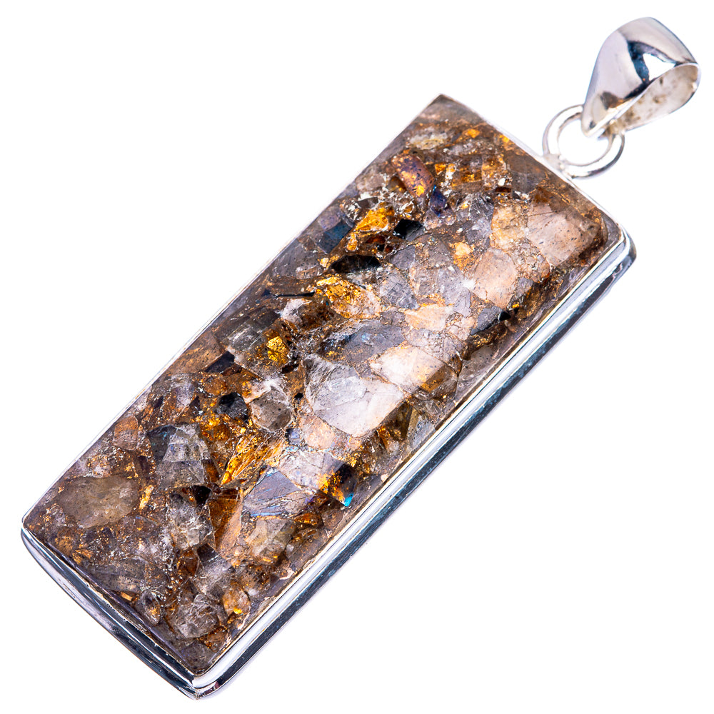 Rectangular labradorite pendant with metallic flecks in 925 silver bezel, hanging bail.