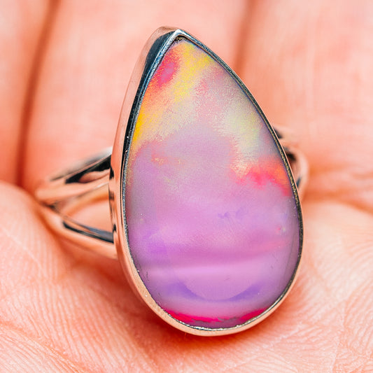 Sterling silver teardrop opal ring with pink-purple iridescent stone, size 7