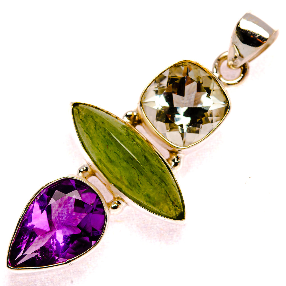 925 sterling silver gemstone pendant with prehnite green pear and amethyst purple drop