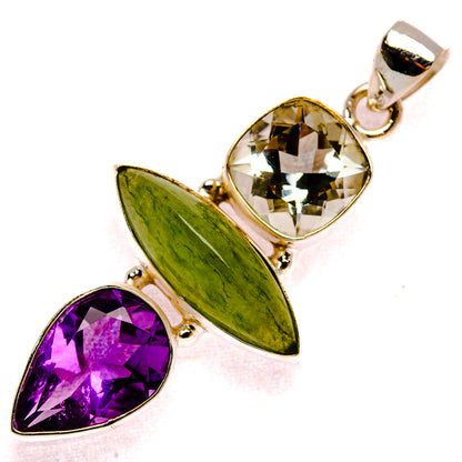 925 sterling silver gemstone pendant with prehnite green pear and amethyst purple drop