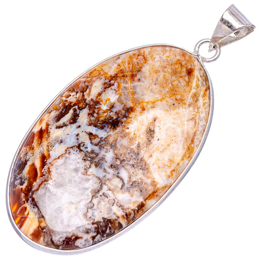 Silver-plated oval lace agate pendant with marbled orange-brown and white stone, hanging bail
