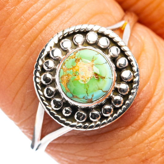 Size 9 turquoise cabochon dainty sterling silver ring with scalloped dotted bezel