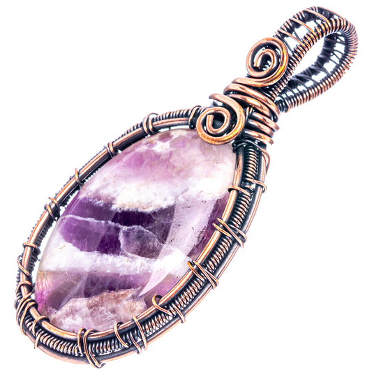 Oxidized copper wire-wrapped amethyst teardrop pendant with spiral wire frame