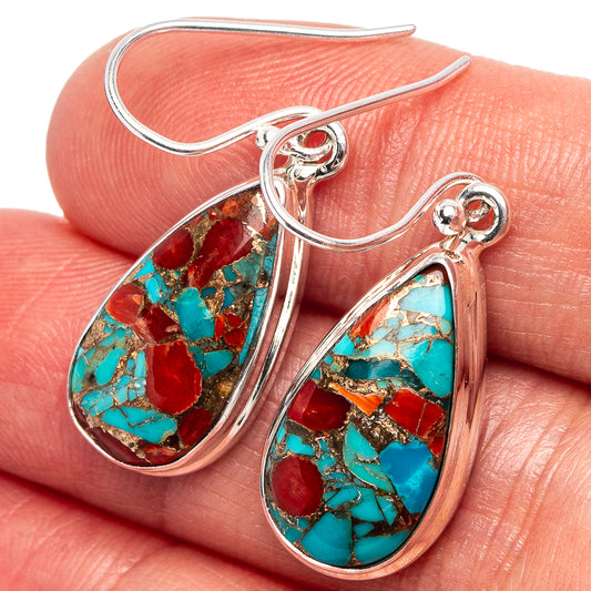 Sterling silver teardrop earrings with coral red and turquoise matrix inlay