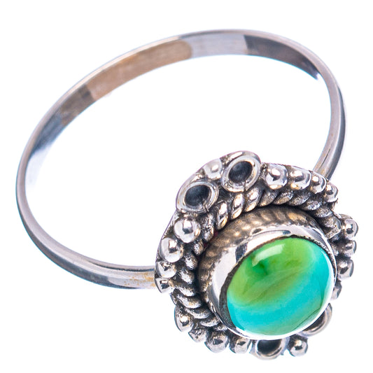 Dainty .925 sterling silver ring with round green turquoise cabochon and beadwork band