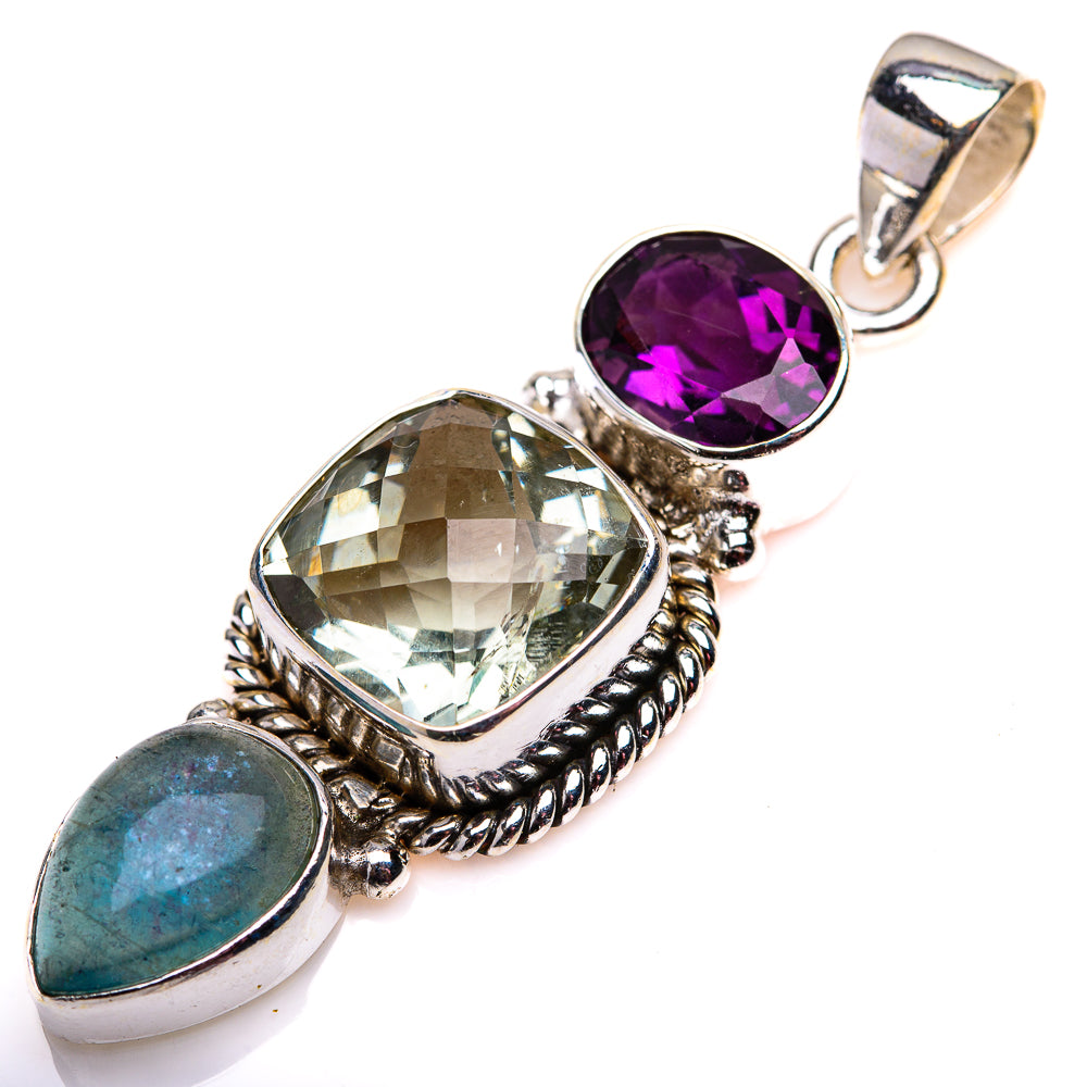 Sterling silver gemstone pendant with oval purple amethyst, blue opal, and light green stone