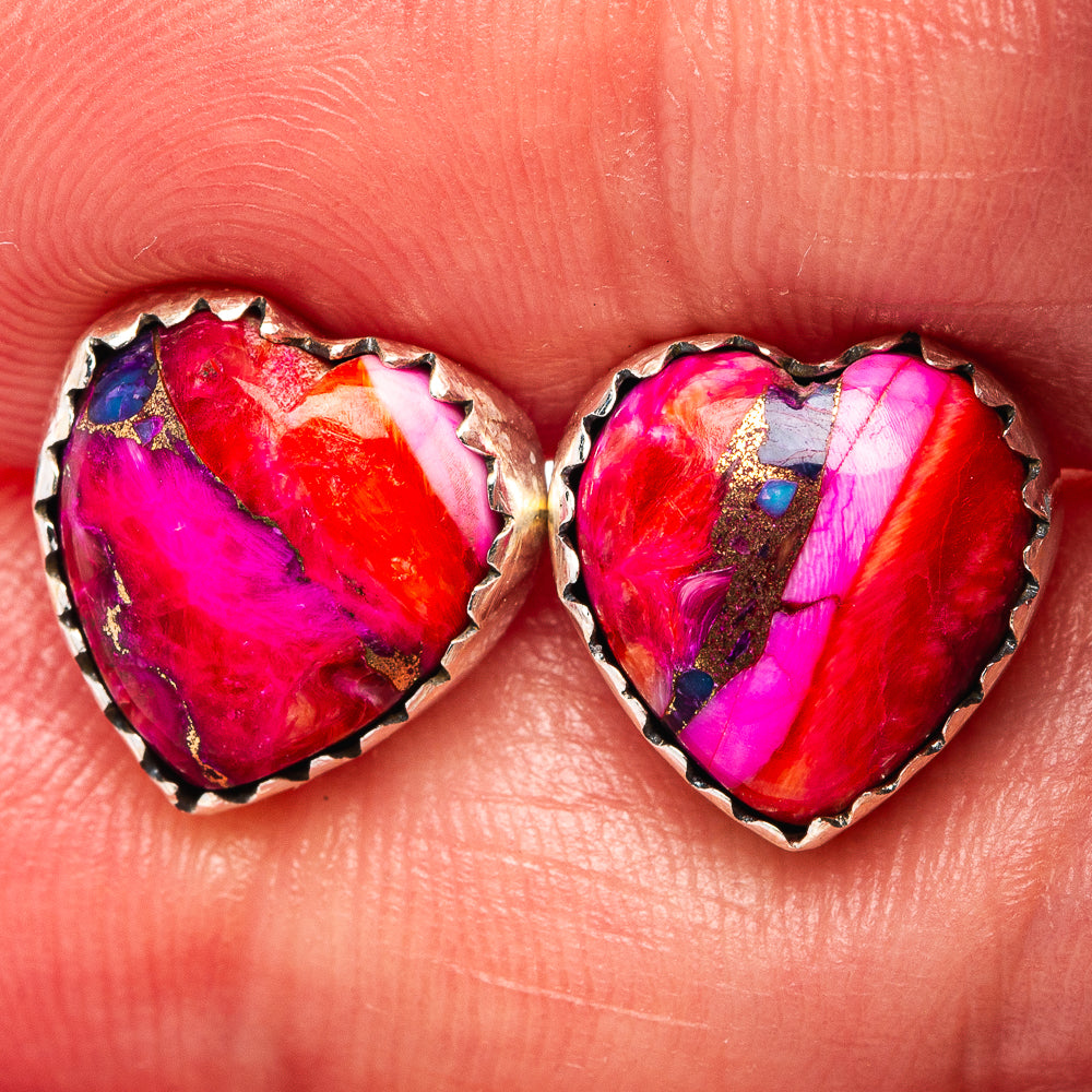 Pink Dahlia Turquoise Heart Earrings 1/2" (.925 Sterling Silver)