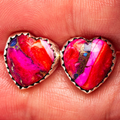 Pink Dahlia Turquoise Heart Earrings 1/2" (.925 Sterling Silver)