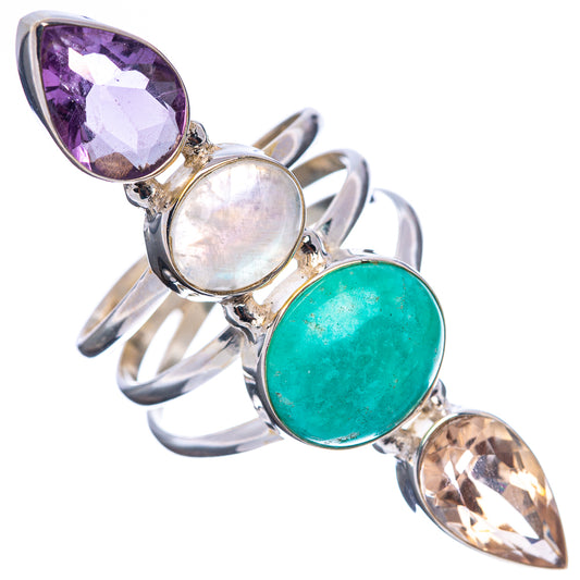 Sterling silver four-gem ring with amethyst, moonstone, amazonite, and amber marquise accents