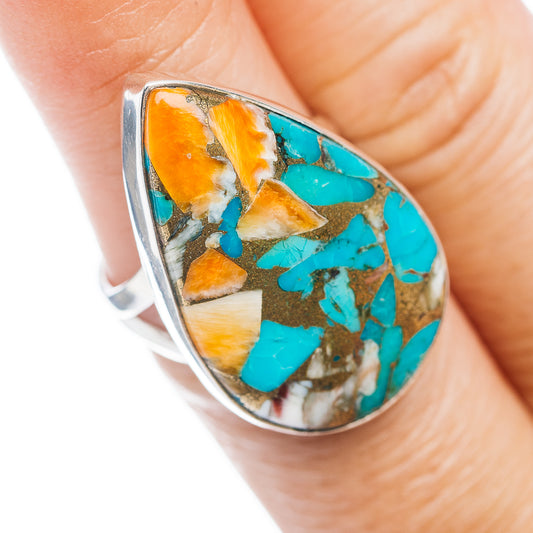 Sterling silver teardrop ring with turquoise and orange spiny oyster inlay