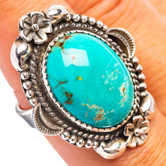925 sterling silver turquoise ring with oval Kingman turquoise stone and floral details