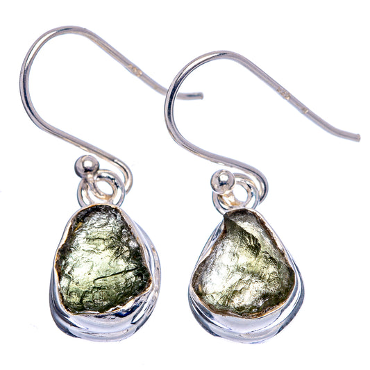 Rare moldavite drop earrings in 925 sterling silver, teardrop rough green stones