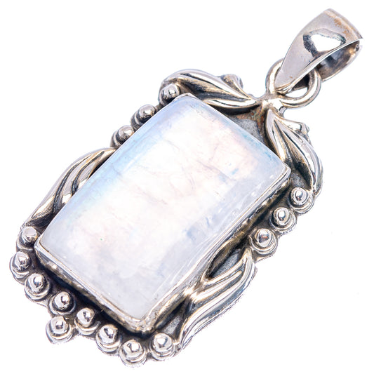Sterling silver moonstone pendant, rectangular rainbow flash in ornate beaded frame
