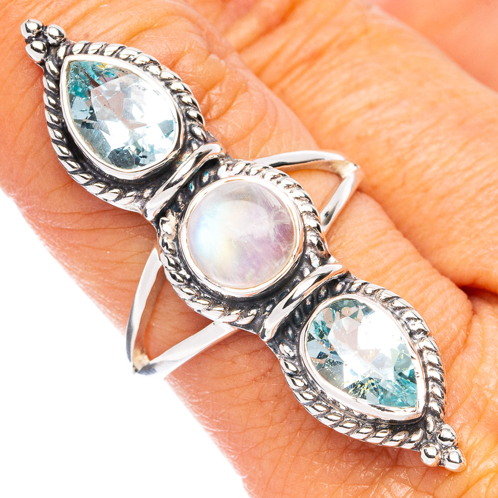 Premium Rainbow Moonstone, Blue Topaz Ring Size 8 (925 Sterling Silver) R8098