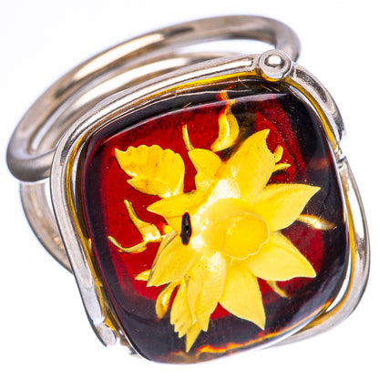 Sterling silver adjustable ring with yellow rose intaglio in dark amber resin