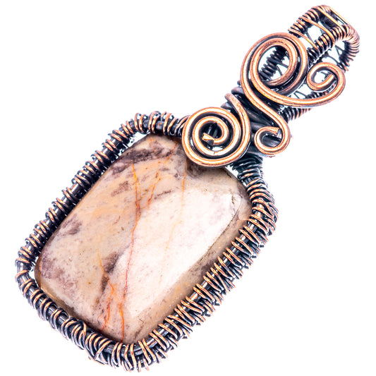 Oxidized copper wire wrap pendant with teardrop petrified palm root stone