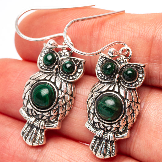 Sterling silver owl earrings with green malachite-style cabochon eyes and accents