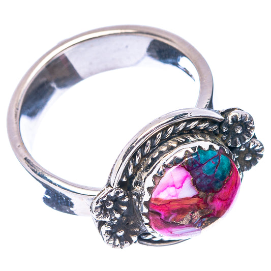 Sterling silver ring with round multicolor cabochon and flowered side settings