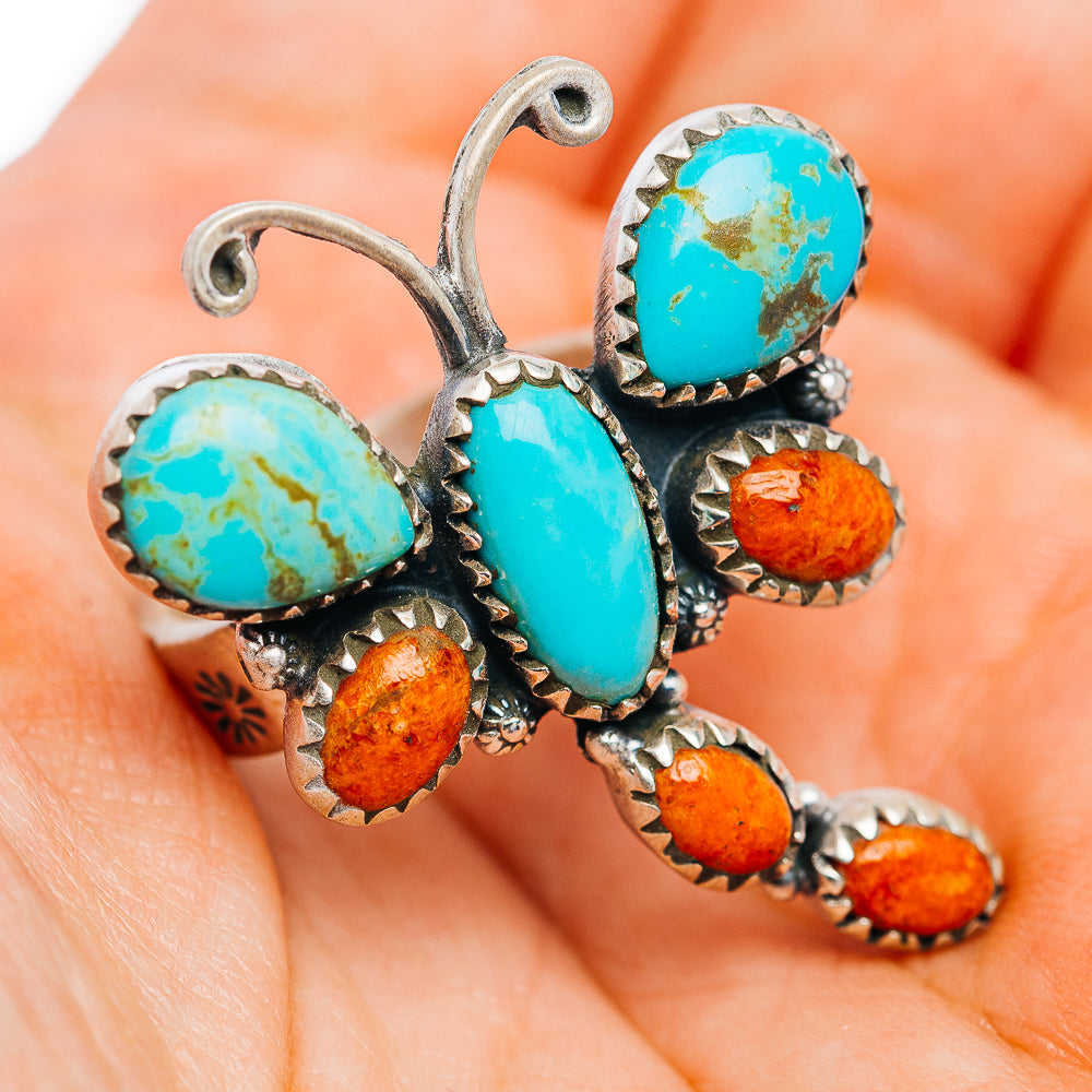 Exclusive Southwestern Style Kingman Turquoise Dragonfly, Sponge Coral Ring Size 7 Adjustable (.925 Sterling Silver)
