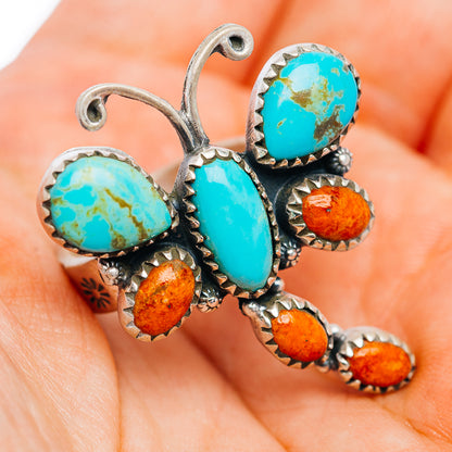 Exclusive Southwestern Style Kingman Turquoise Dragonfly, Sponge Coral Ring Size 7 Adjustable (.925 Sterling Silver)