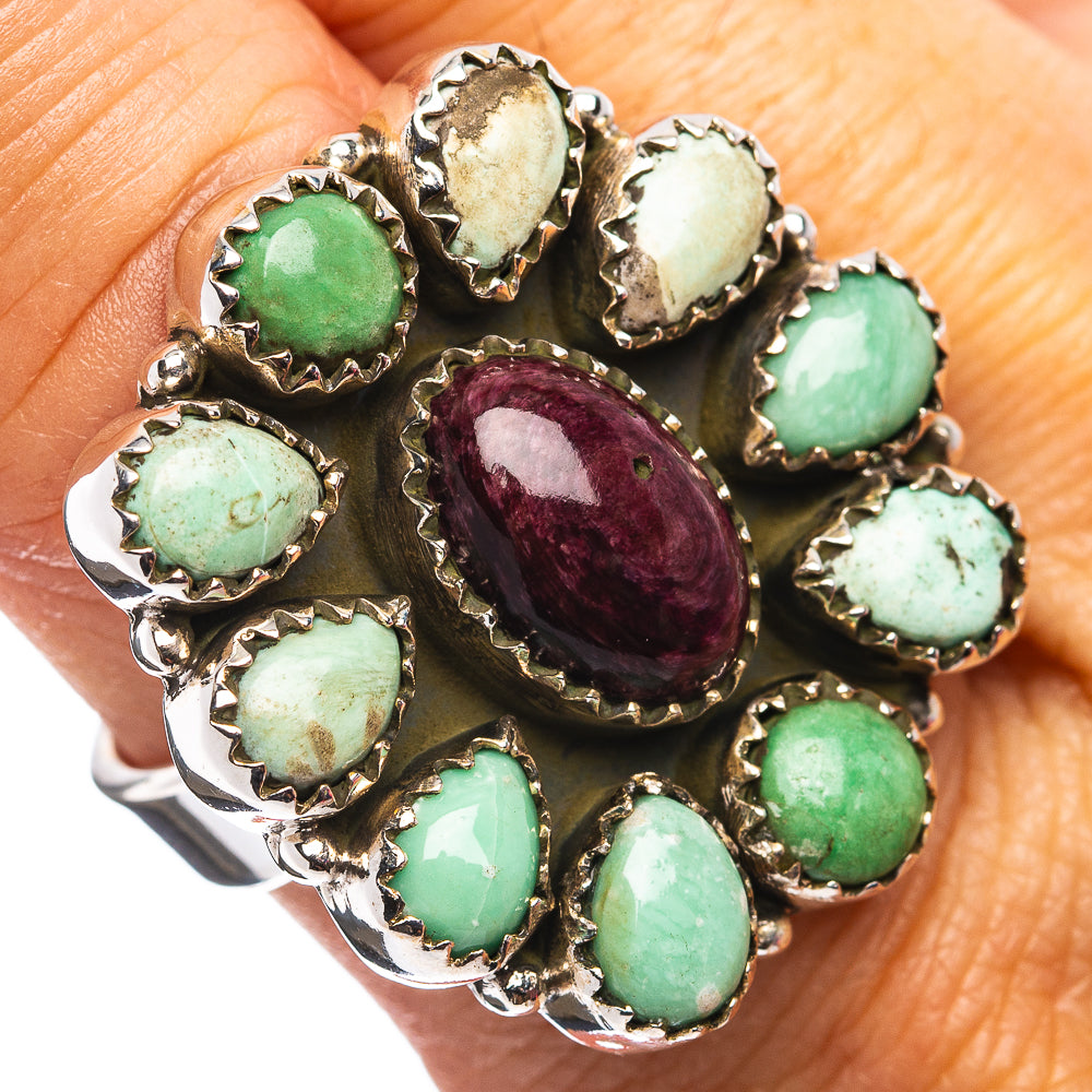 Exclusive Southwestern Style Puprle Spiny Oyster, Variscite Ring Size 8 Adjustable (.925 Sterling Silver)