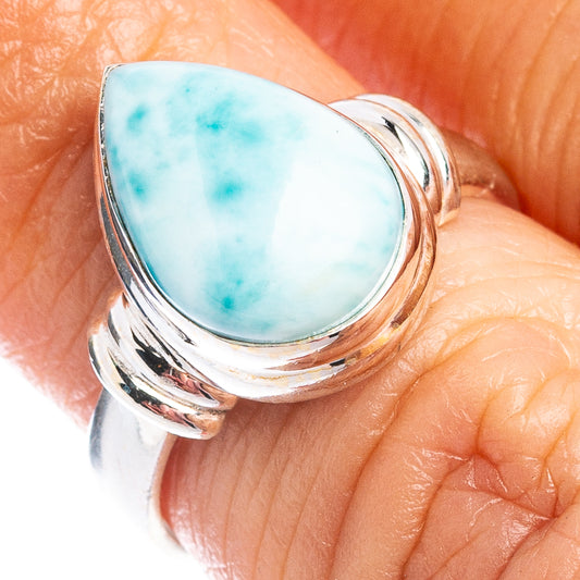 Sterling silver ring with teardrop larimar cabochon, split swirl band, size 5.75