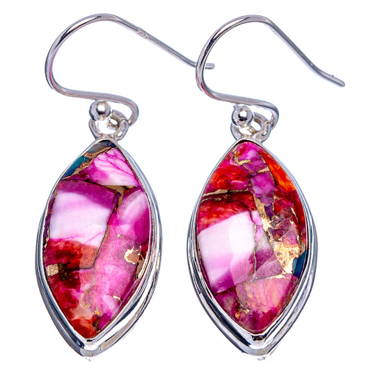 Sterling silver teardrop drop earrings with pink-purple marbled stone and fishhook backs