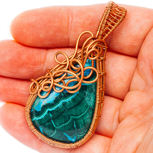 Malachite In Chrysocolla Wire Wrap Pendant 2 3/8" (Copper)