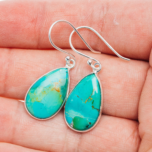 Turquoise teardrop earrings with round bezel, .925 sterling silver hook, small size