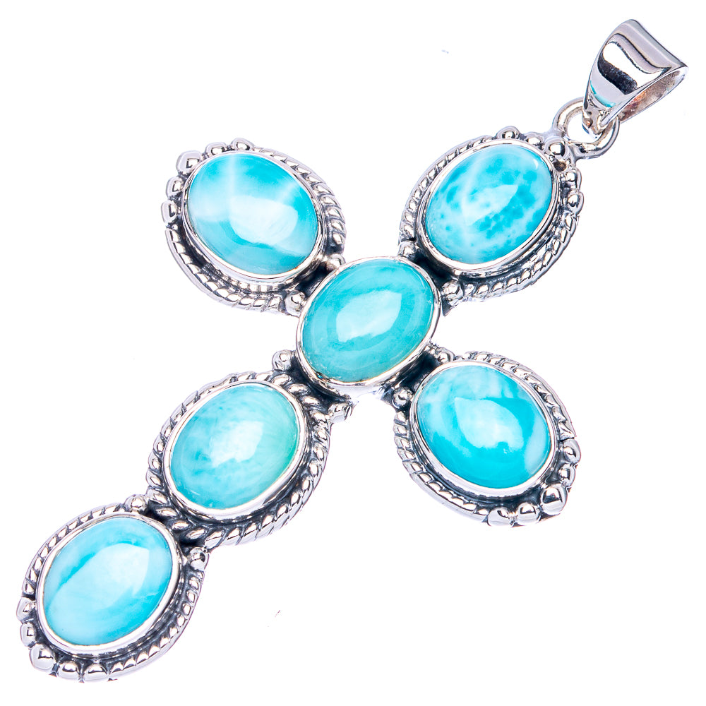 Sterling silver cross pendant with five oval turquoise larimar stones, oval border settings