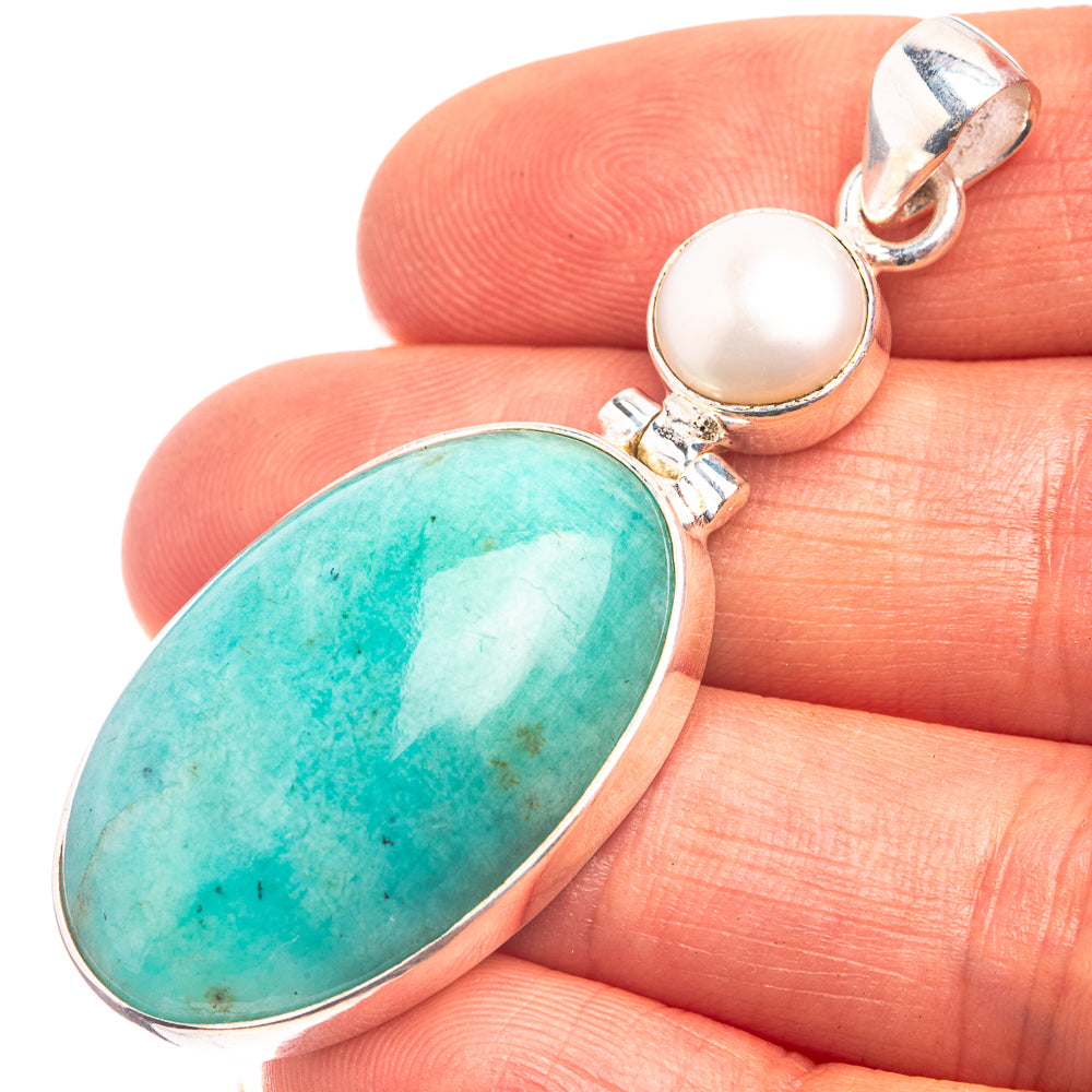 Sterling silver pendant with oval turquoise-green Amazonite and round cultured pearl