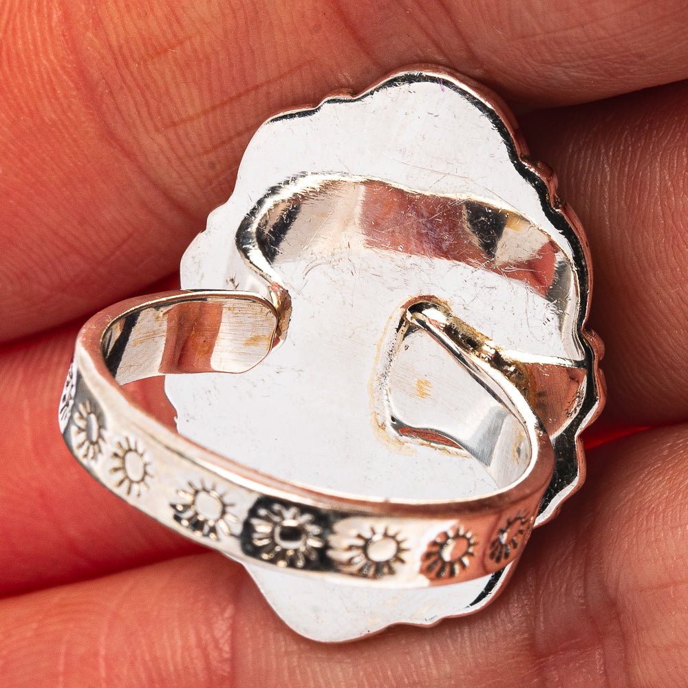 Sterling silver adjustable ring band with etched sunburst and leaf motifs