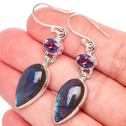 Labradorite, Amethyst Earrings 1 7/8" (925 Sterling Silver) E433109
