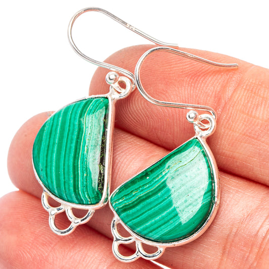 Sterling silver malachite teardrop earrings with scalloped frames and small hooks