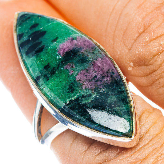 Sterling silver gemstone ring with oval cabochon in green and purple mottled pattern