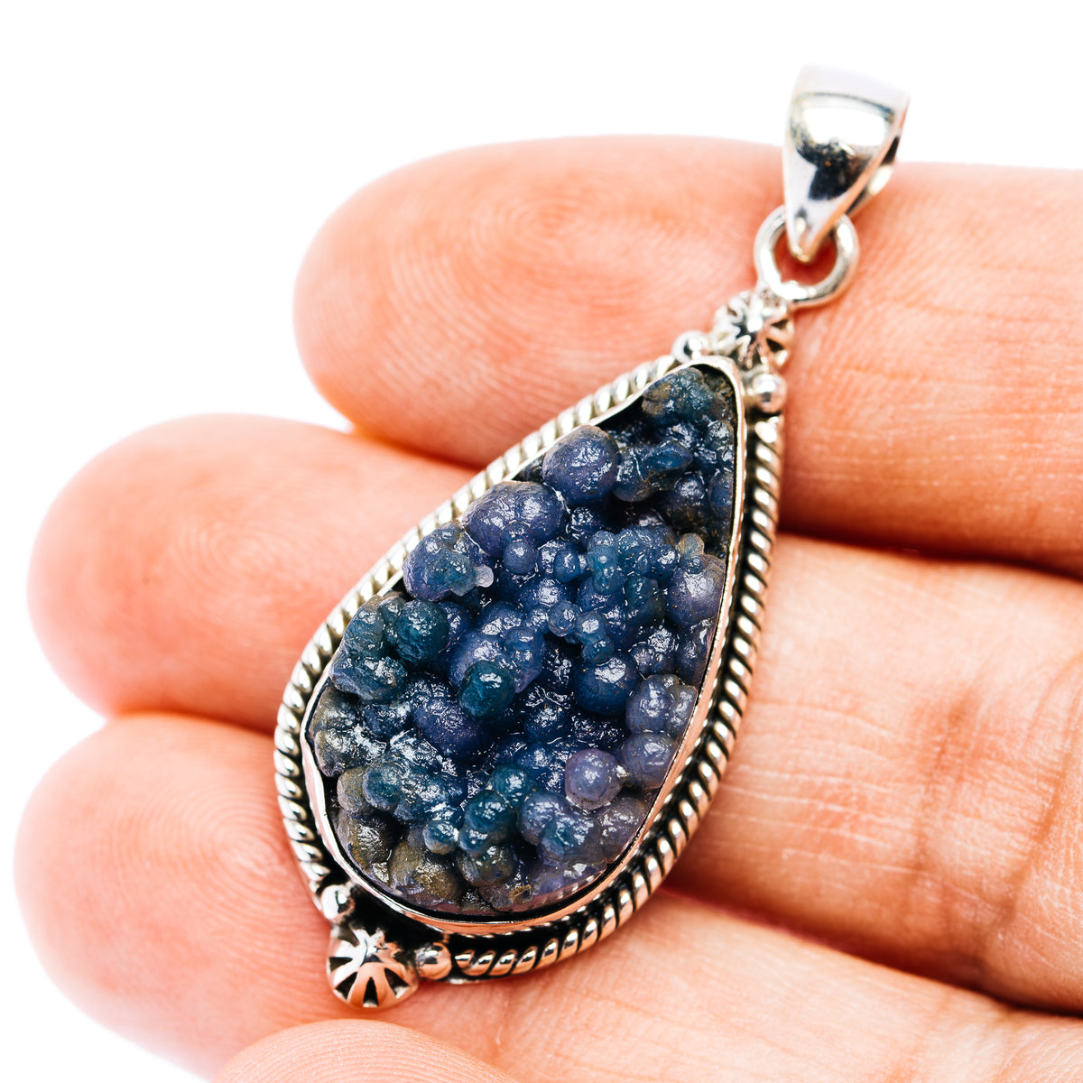 Sterling silver teardrop grape agate pendant with blue druzy stone and bail loop