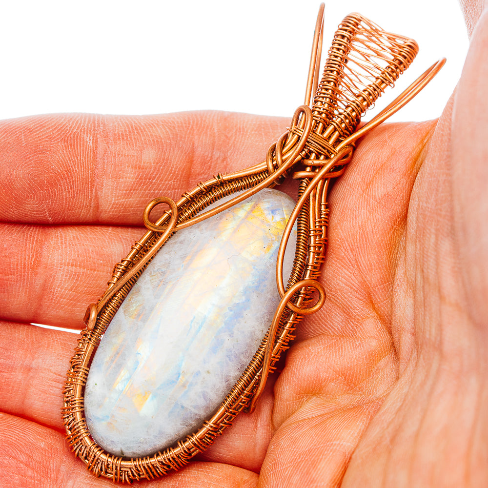 Rainbow Moonstone Wire Wrap Pendant 3 1/8" (Copper)