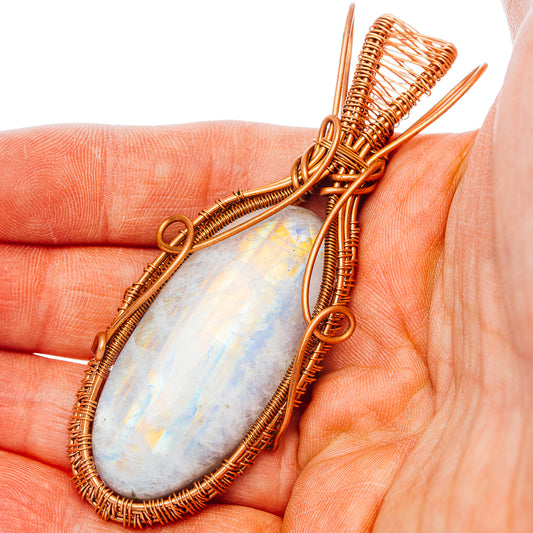 Rainbow Moonstone Wire Wrap Pendant 3 1/8" (Copper)