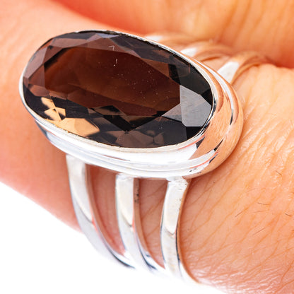 Smoky quartz oval ring with faceted dark stone in 925 sterling silver band