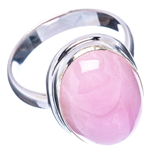 Sterling silver ring with oval pink kunzite gemstone, side view of the band