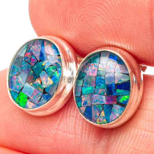 Oval opal stud earrings in .925 sterling silver, multicolor mosaic pattern