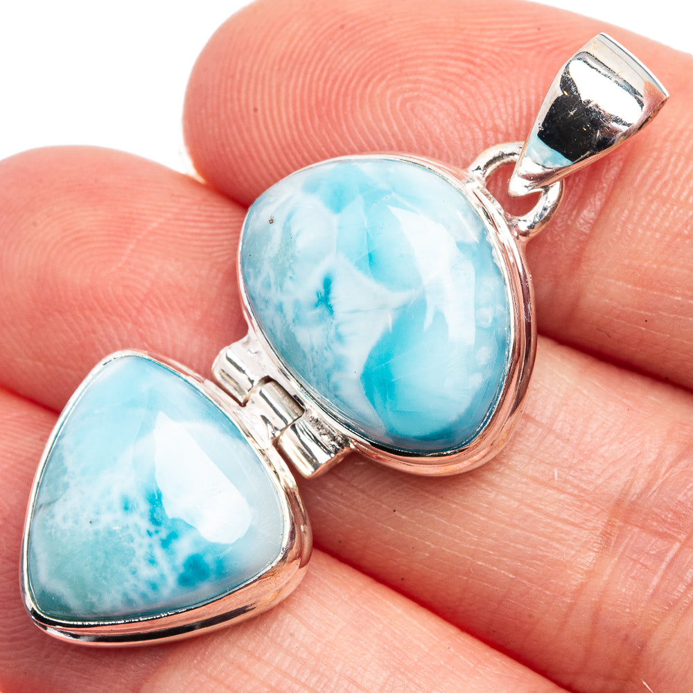 Larimar pendant with two blue oval stones in 925 sterling silver, side view bail